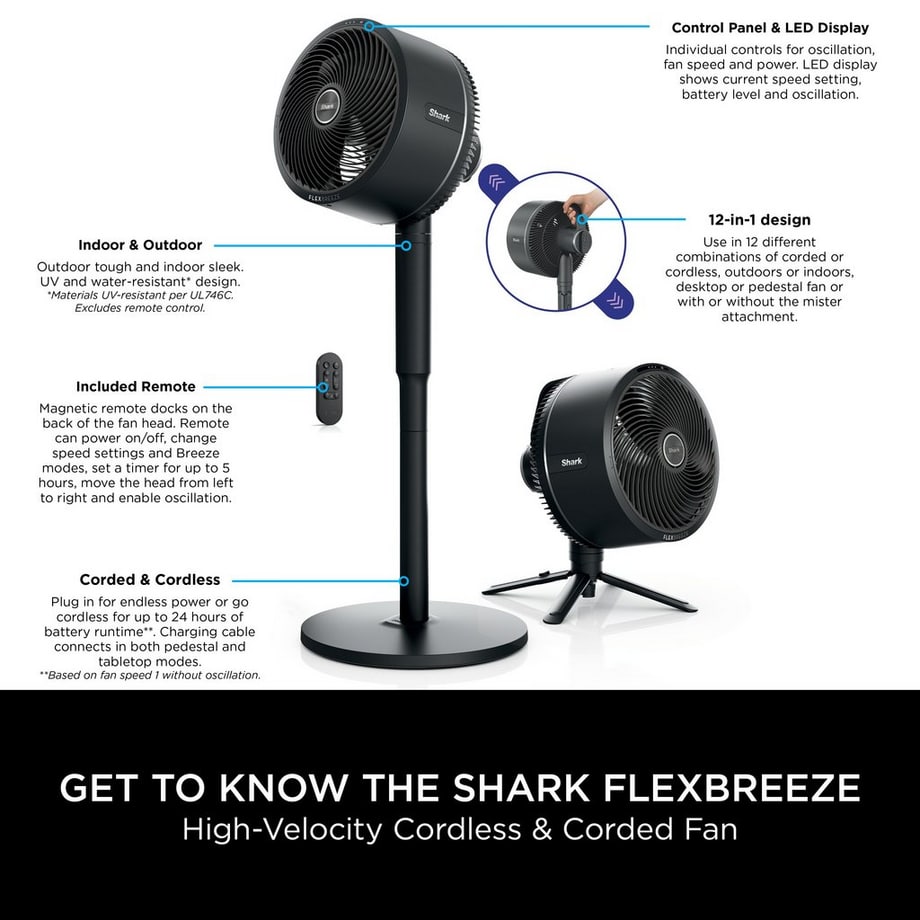 FlexBreeze High-Velocity Hybrid Cordless & Corded Fan - Black - Image 3